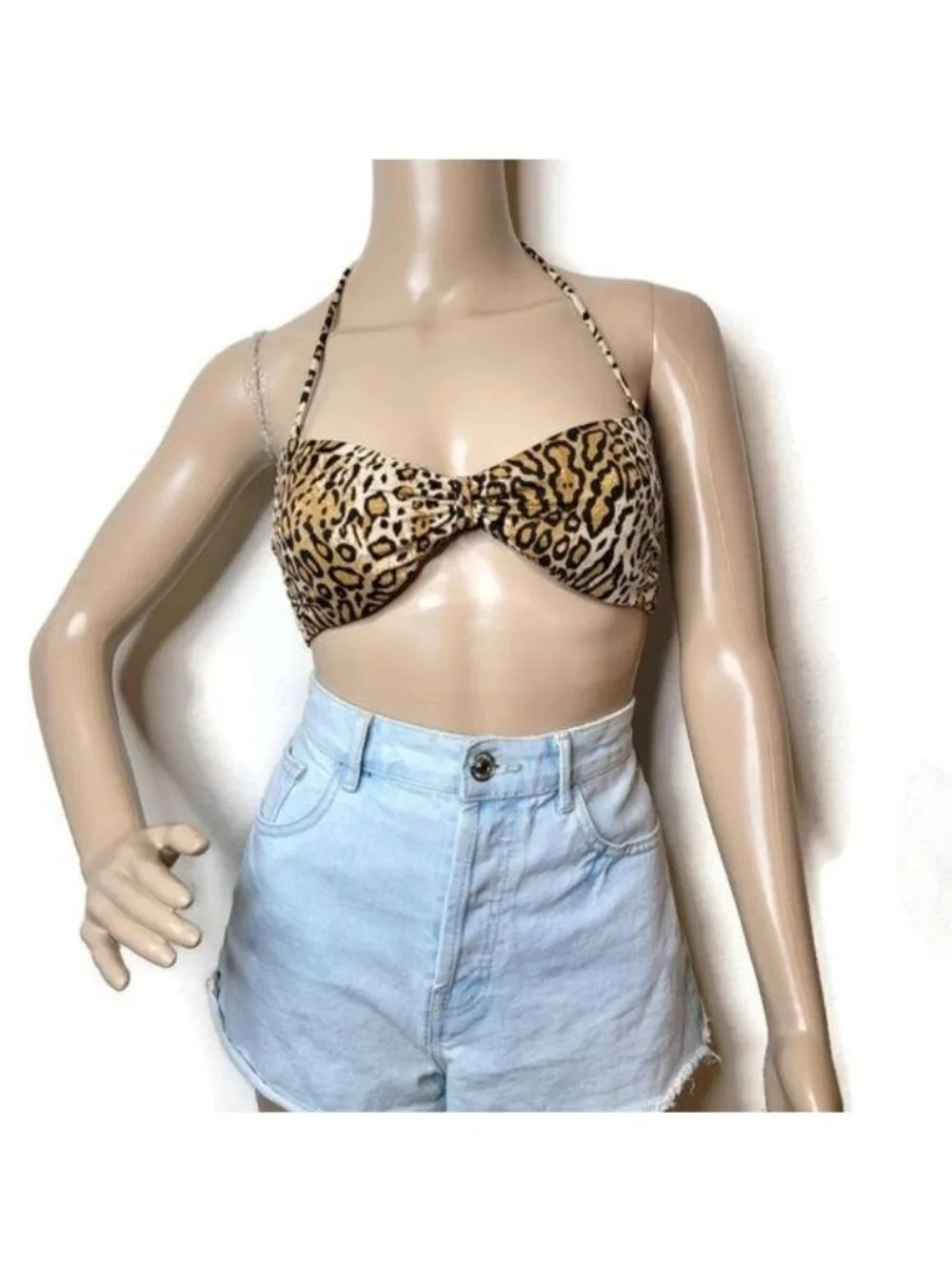 Victorias Secret Leopard Print Halter Bikini Top Tie Back Swimwear size medium